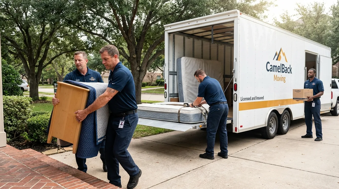 Crew loading residential truck for cross-state move from Prescott, WI