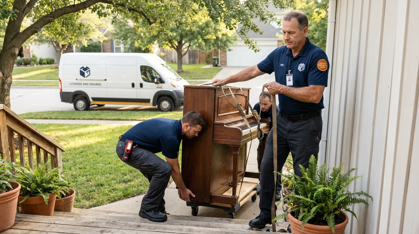 Licensed piano movers securing grand piano in Prescott, WI