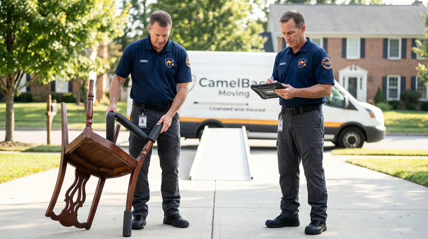 Movers inspecting furniture for damage prevention before loading in Prescott, WI