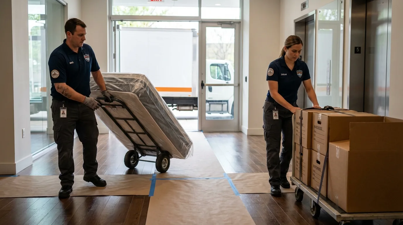 Professional apartment movers loading elevator in Prescott, WI