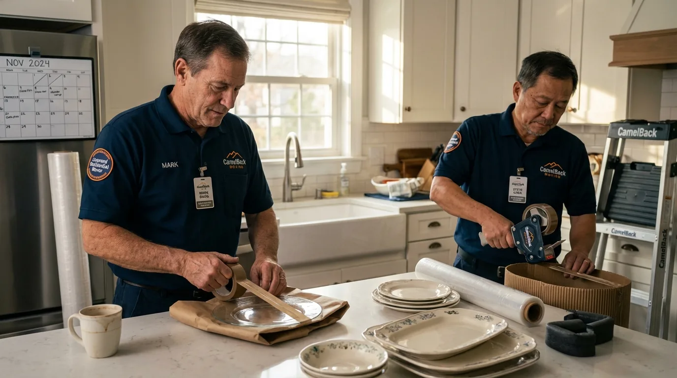 Professional crew packing kitchen dishware in Prescott, WI